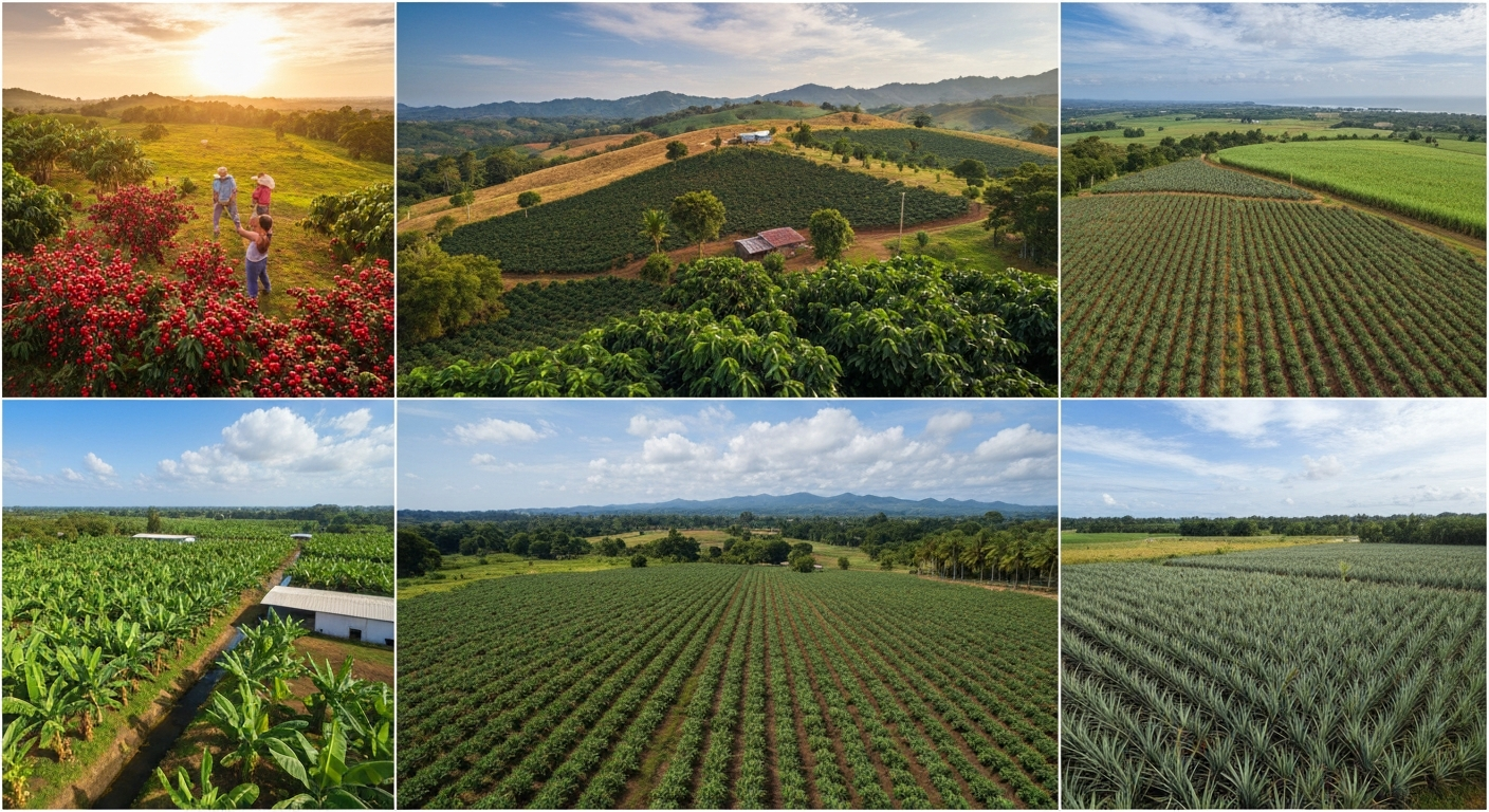 Aerial montage of Costa Rica agriculture showing banana and pineapple plantations, shaded coffee farms on volcanic hills, and Pacific lowlands under golden tropical light.