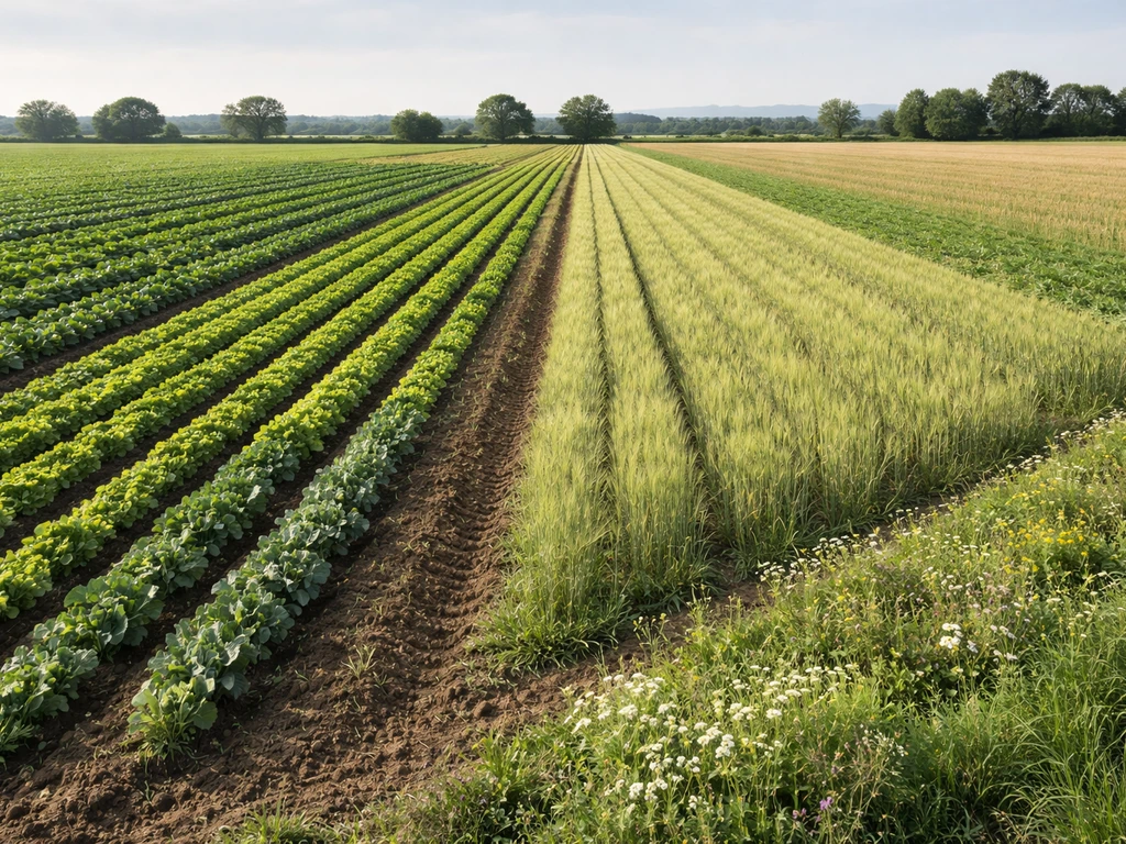 Panoramic view of irrigated vegetables, rainfed grain rows, and cover plants along a farm margin.