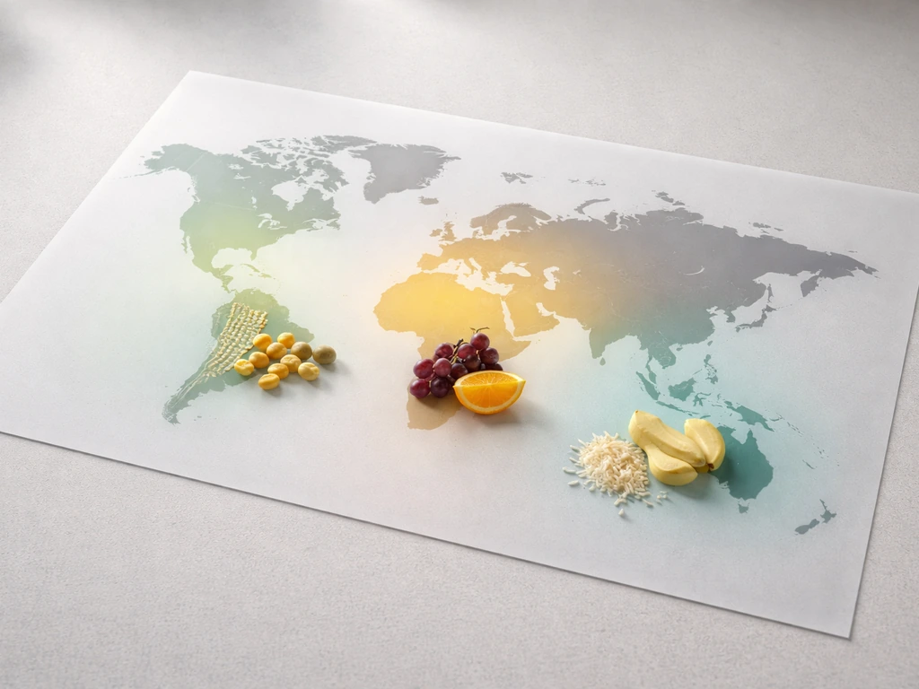 Minimal photo-style map-like scene showing climate zones with typical crops: corn, soybeans, grapes, citrus, bananas, ri