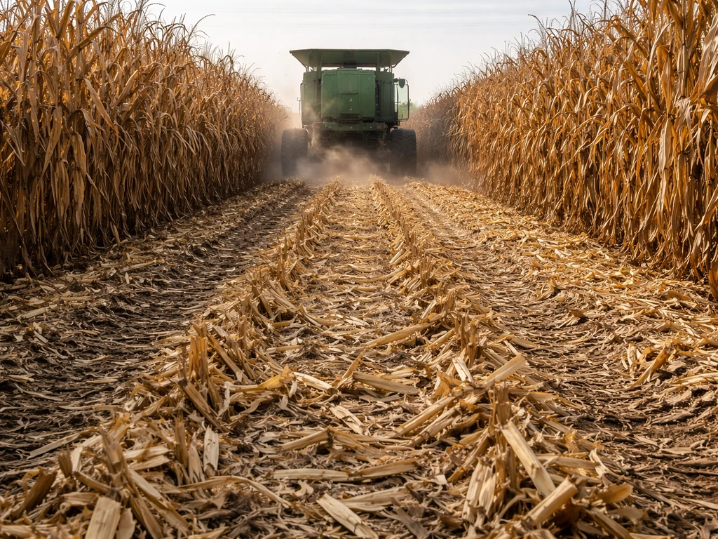 Combine harvester working through tall corn rows with visible crop residues and tracks in the field