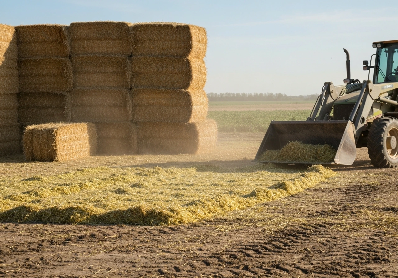 Tractor loader handling chopped silage and hay on the ground with hay bales stacked in the background.