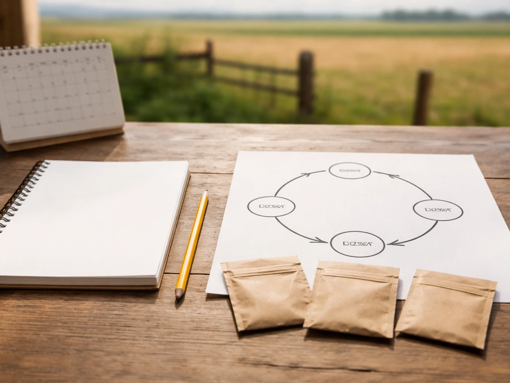 Farm planning notebook on a table with a simple crop-rotation arrow and frost/heat timing notes.