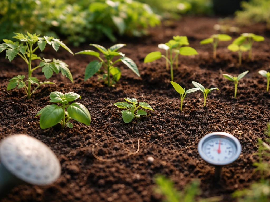 Close-up of fresh warm-season seedlings and transplants in dark soil, hinting June soil warmth.