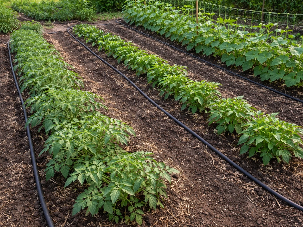 Lush June vegetable garden beds with tomato, pepper, and cucumber plants in warm soil.