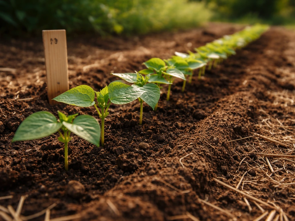 Close-up of fresh bush bean seedlings in warm soil with a small garden marker showing days-to-maturity