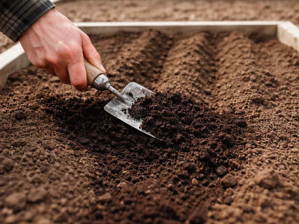 Hand trowel mixing dark compost into raised garden beds, creating ready-to-plant furrows