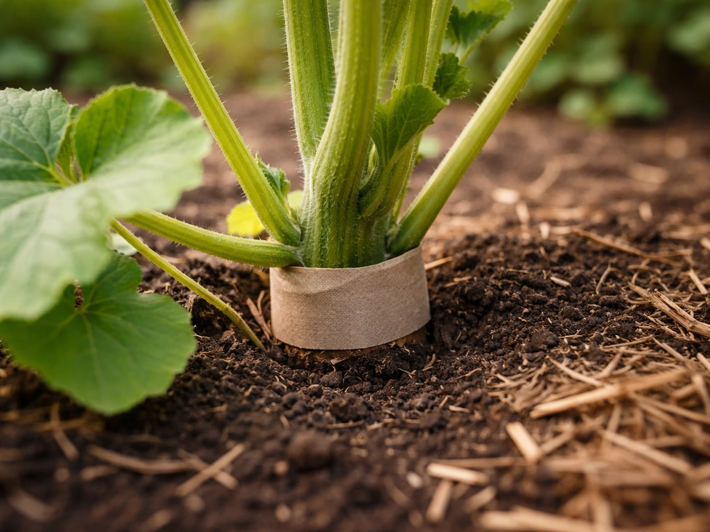 Close-up of a squash plant stem base wrapped with a protective barrier against vine borers.