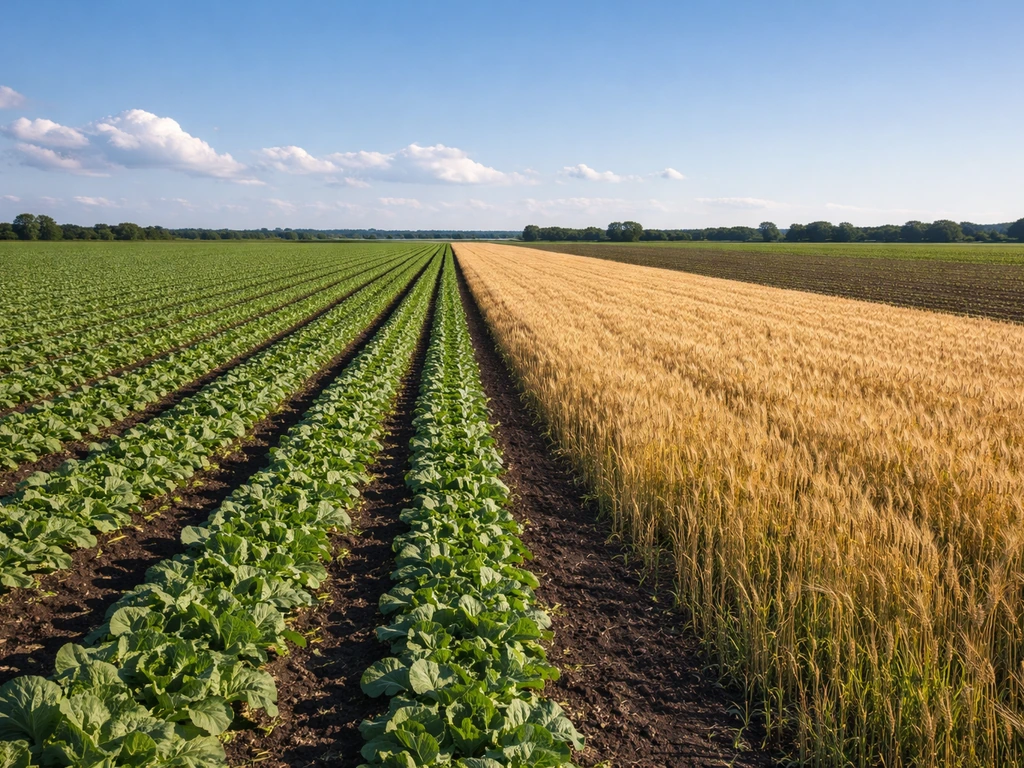 Panoramic view of adjacent farm fields showing different crop types and seasons across a wide landscape