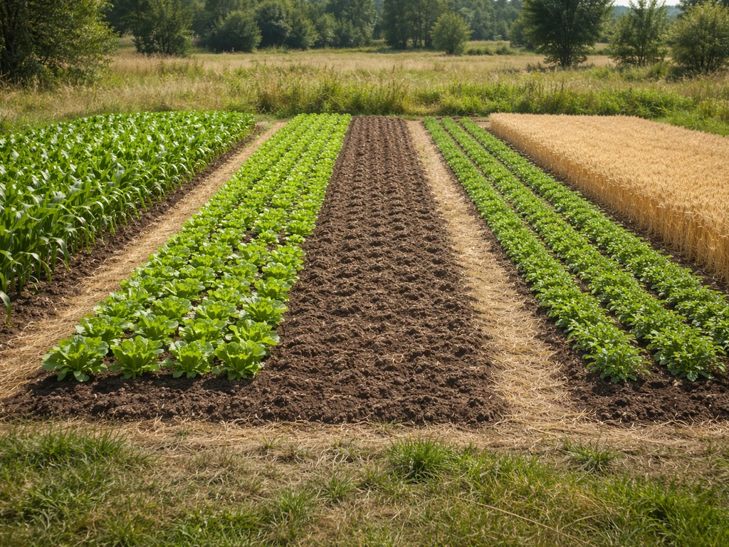 Rural field with three separate plots illustrating single-crop, rotation, and double/triple cropping stages.