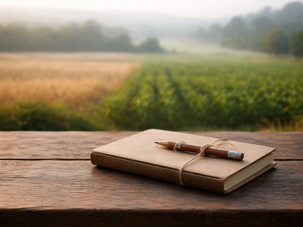 Minimal photo of a notebook with a simple climate-themed field crop image backdrop
