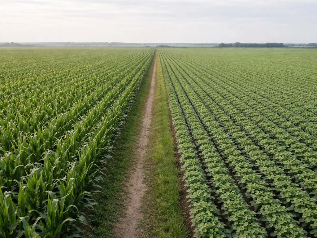 Two adjacent fields in the Corn Belt: corn on one side, soybeans on the other, separated by a dirt path.
