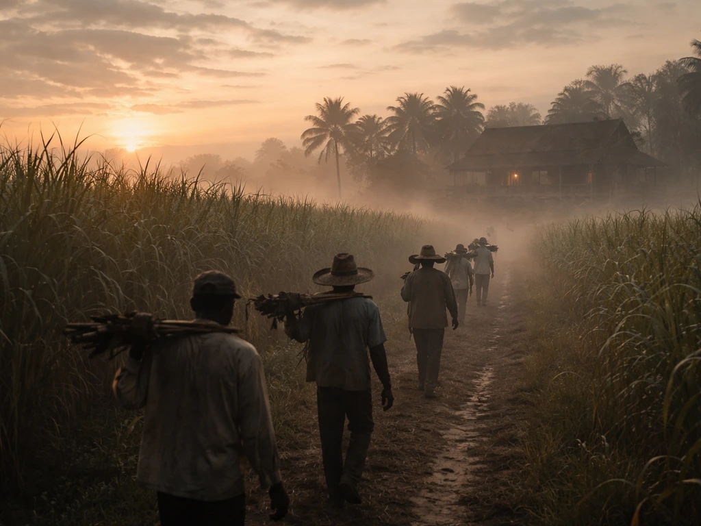 Misty dawn sugarcane plantation with anonymous laborers moving through cane fields in a Caribbean setting.