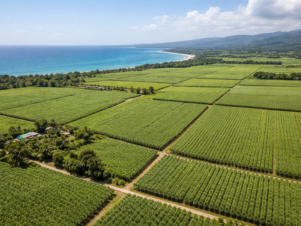 Aerial view of lush Caribbean sugarcane fields with a calm coastline and plantation landscape