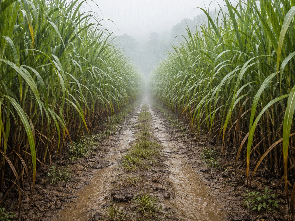 Green sugarcane swaying in heavy tropical rain, wet leaves and muddy soil visible between rows.