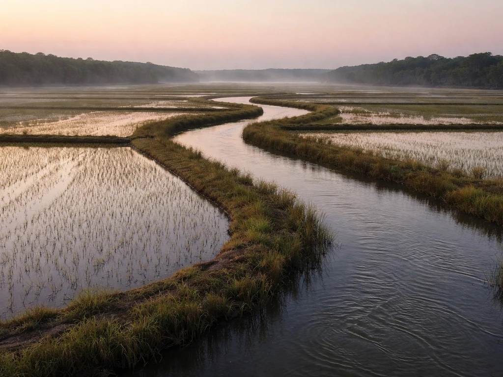 Flooded rice paddies bordered by earthen levees with a winding tidal creek at dawn.