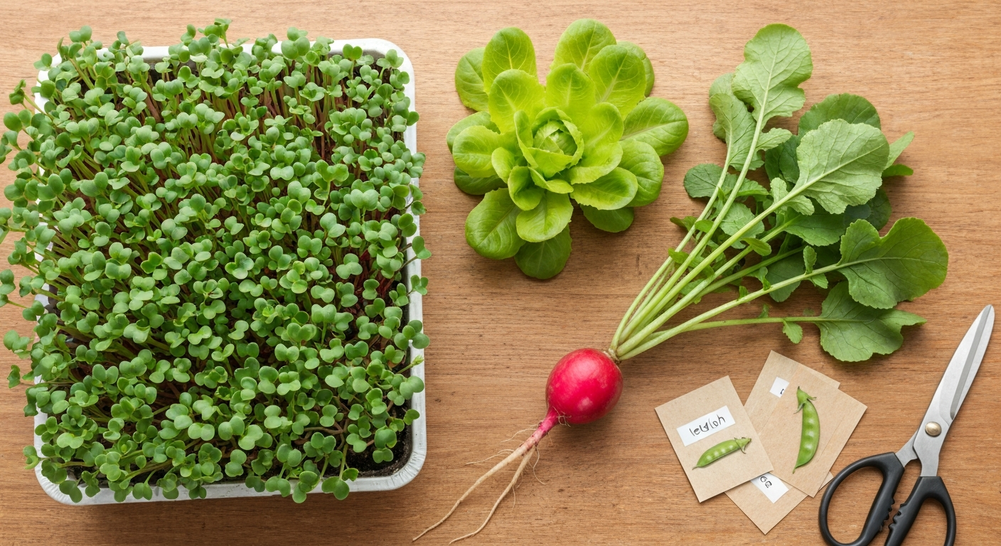 Tray of radish microgreens, baby-leaf lettuce and a harvested Cherry Belle radish with scissors on a wooden table.
