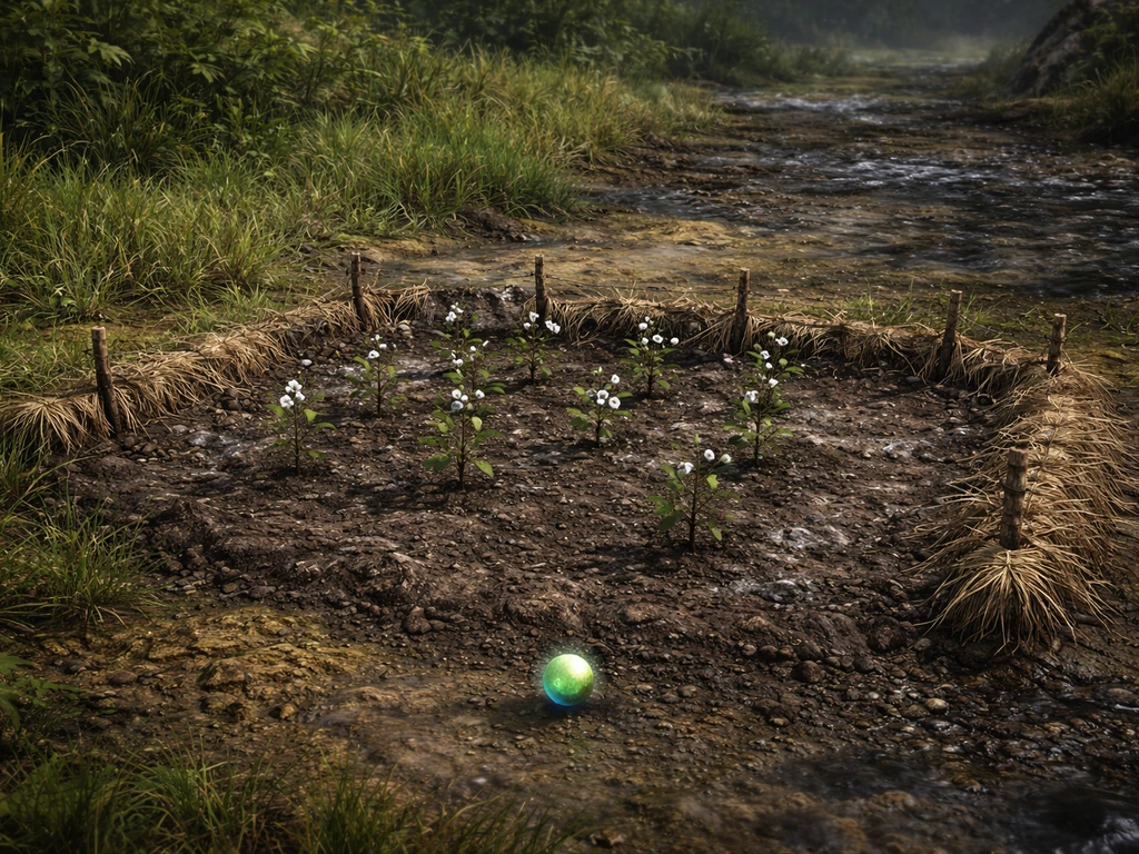 Close view of young cotton plants in a damp farm tile showing green and swamp environment cues.