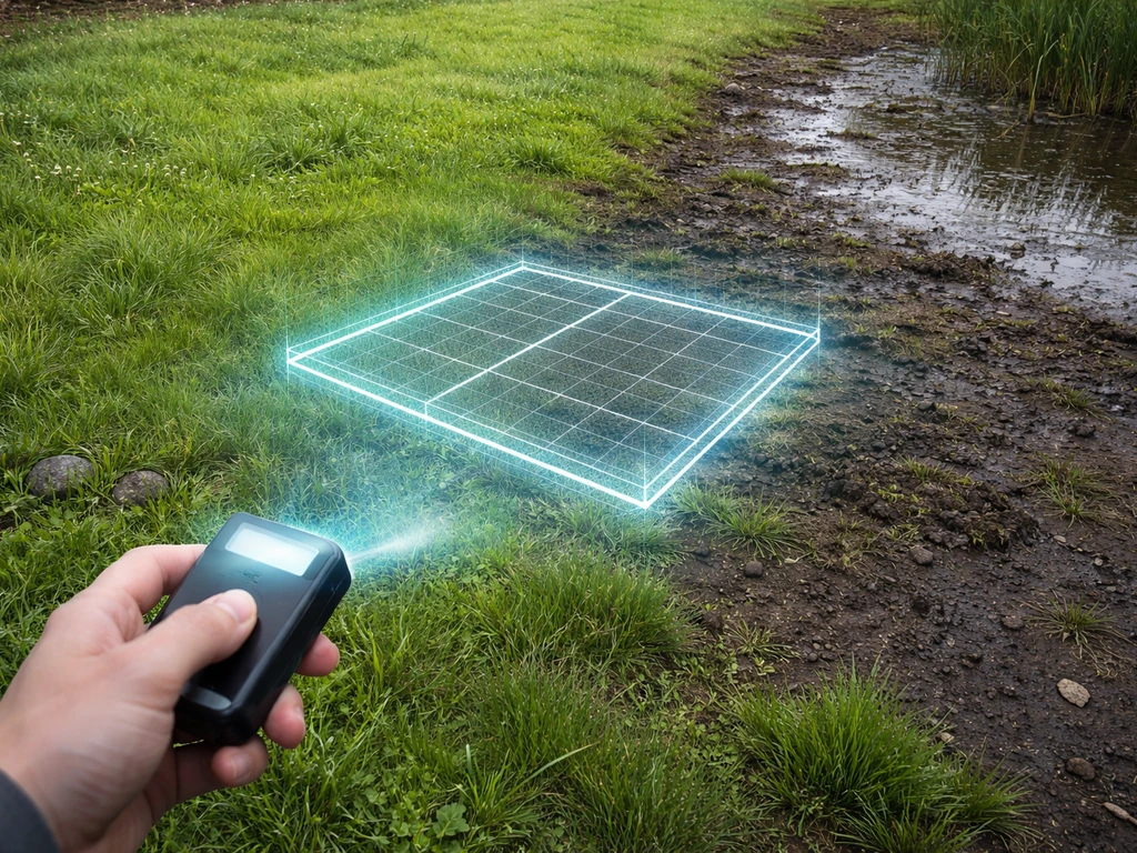 Handheld device scan glow and a wireframe build preview over green and swamp terrain.