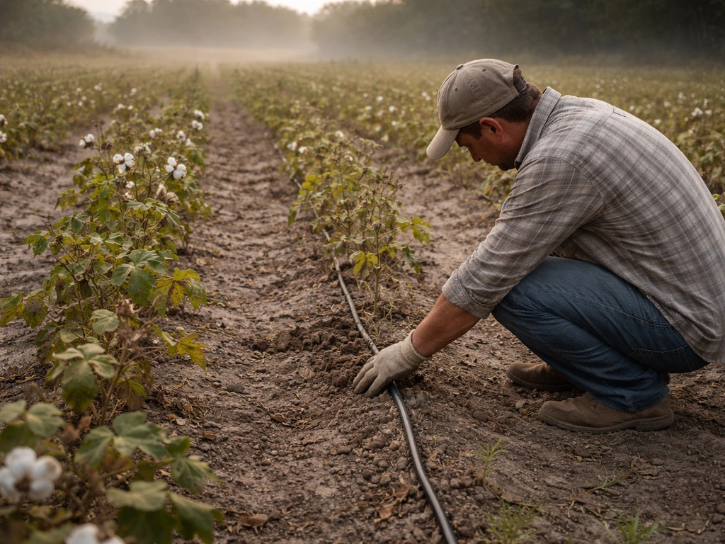 Sparse cotton plants in a farm plot with a worker kneeling to check dry soil and irrigation.