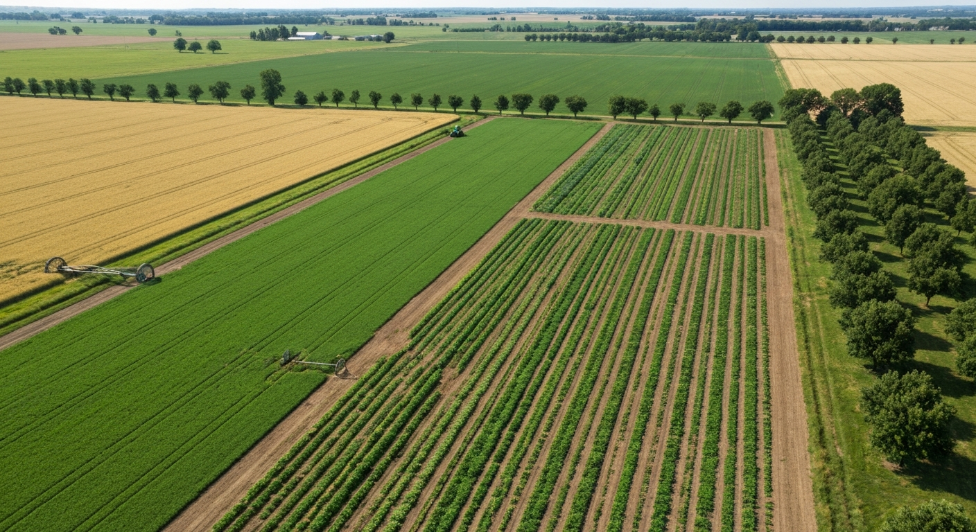 Aerial view of a farm with multiple adjacent fields showing different crops—wheat, legumes, vegetables, strips, and orchard—on a sunny day.