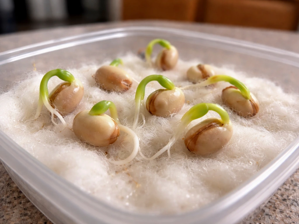 Close-up of bean seeds sprouting on damp cotton wool with white roots and tiny green shoots indoors.