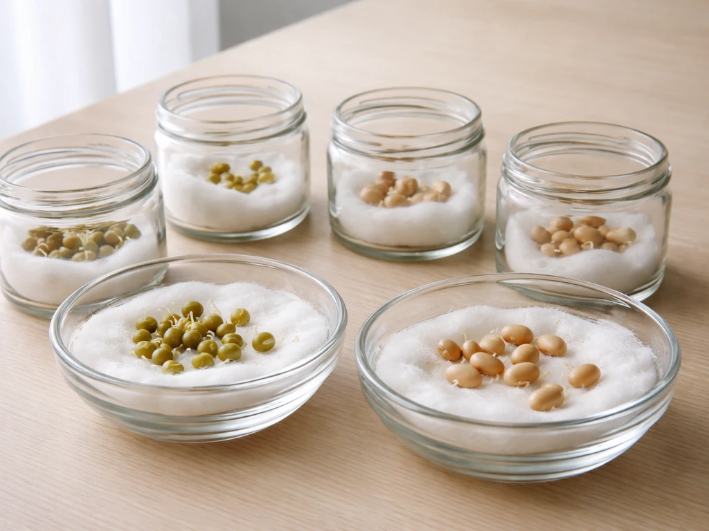 Cotton-wool sprouting setup with small bean seeds and tiny white sprouts in clear jars.