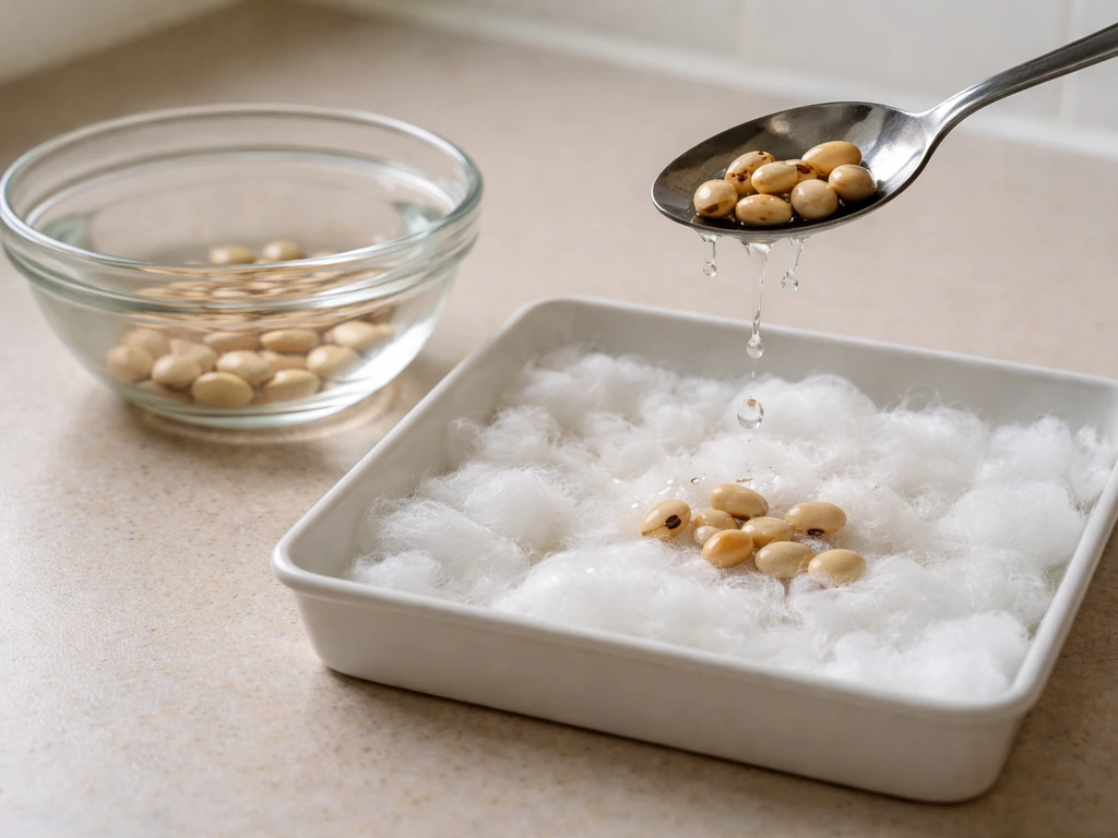 Beans soaking in clear water, then draining onto damp cotton wool with visible moisture
