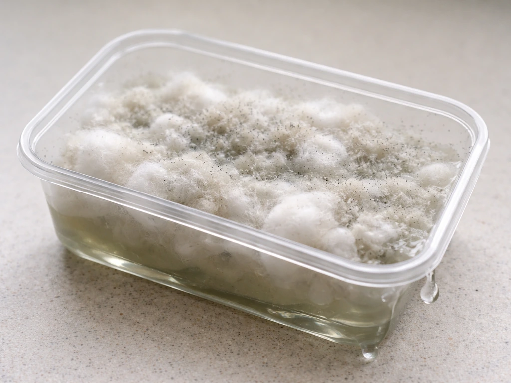 Close-up of cotton wool with fuzzy white mould; container tipped to drain excess water.