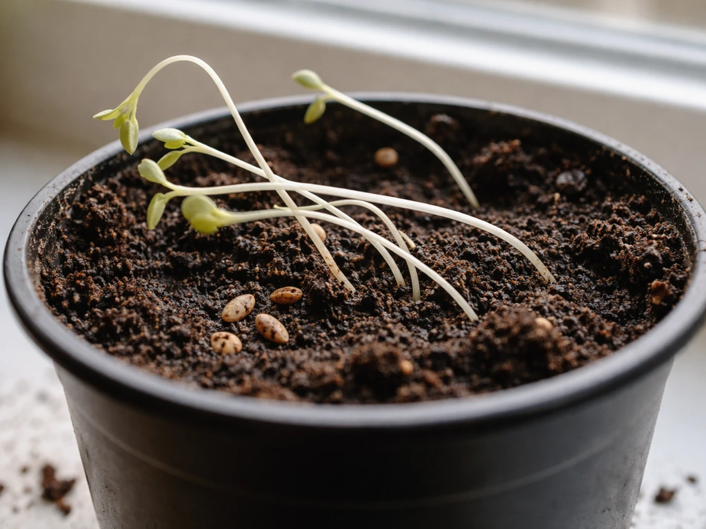 Close-up of pale, thin, floppy seedlings and a few dry, shriveled seeds in soil.