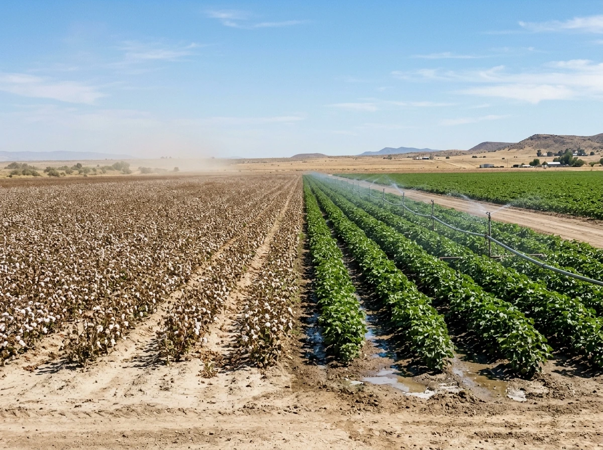 Cotton field with irrigation contrast suggesting water needs by region