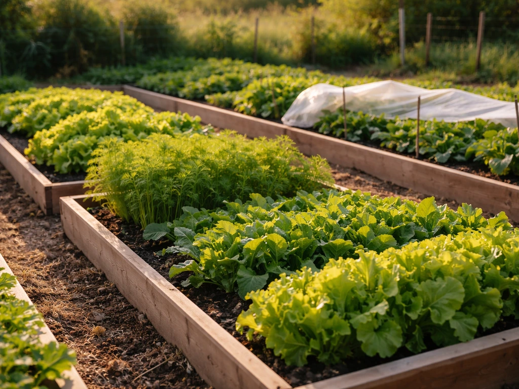 Late-summer vegetable garden with lettuce, carrots, and radishes in raised beds under soft row cover.