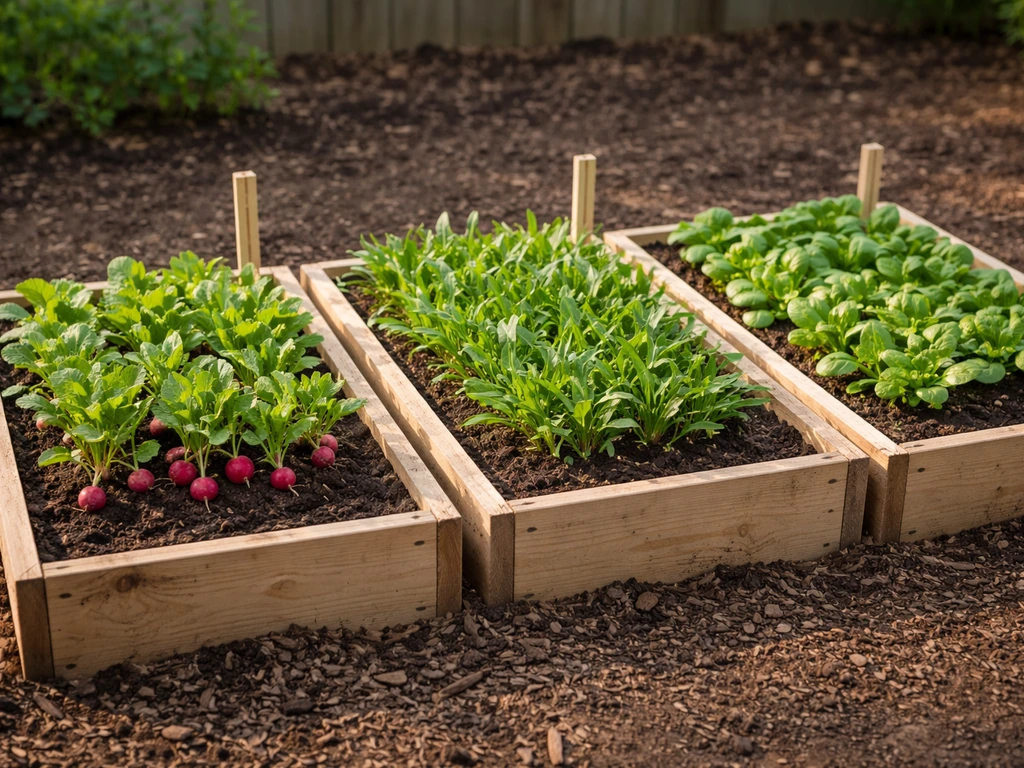 Side-by-side radishes, arugula, and baby spinach in small garden plots with unmarked timing sticks.