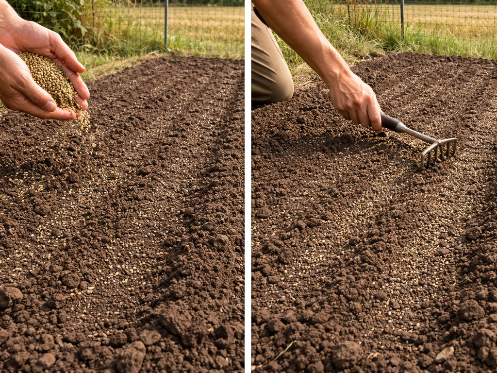 Bare garden bed with light raked row lines as cover crop seeds are scattered in late August