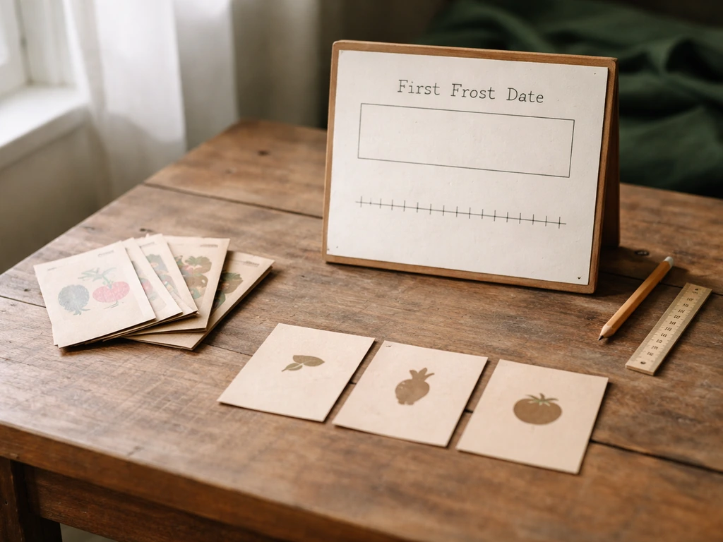 Gardening planner setup with handwritten frost-date calendar, seed packets, and harvest-day cards on a wooden table.