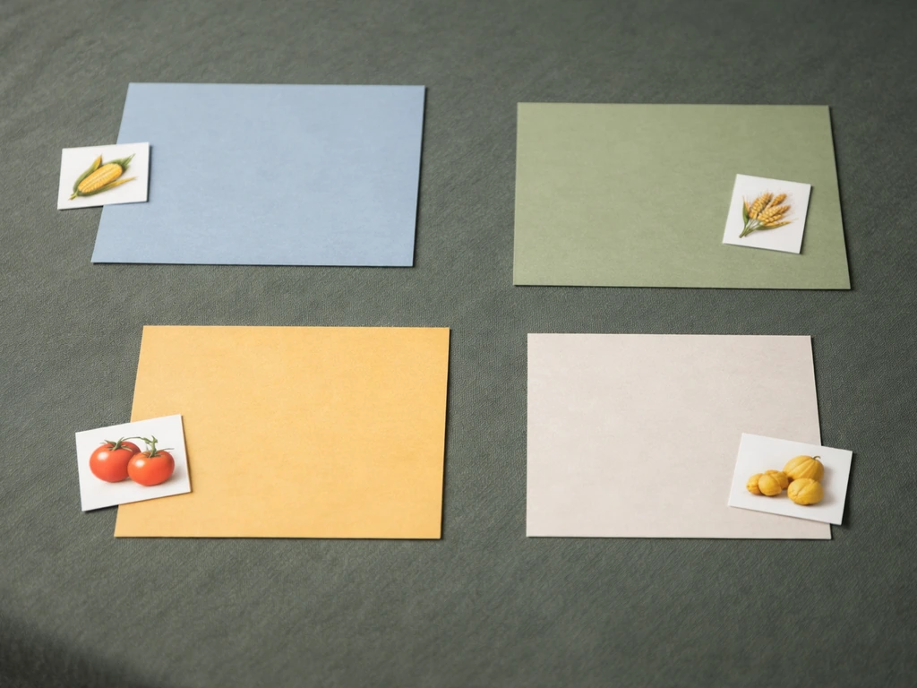 Overhead view of colored region blocks with small crop icons arranged on a table, no text.
