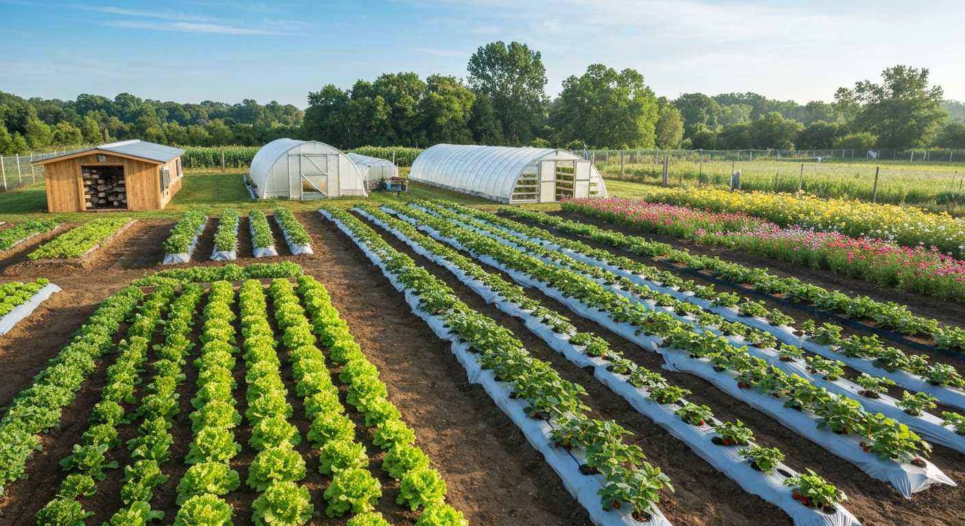 Aerial/oblique view of a small diversified farm with salad beds, strawberry rows, a high tunnel, greenhouse, cut flowers and a mushroom shed.