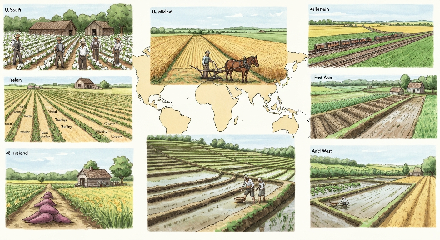 Collage map illustration showing tenant-farming scenes worldwide: cotton and tenant cabin in the U.S. South; corn and wheat in the Midwest; Norfolk four-course fields in Britain; potato plots in Ireland; irrigated paddy terraces in South and East Asia; irrigated orchard and wheat in the arid West. Labeled crop callouts.