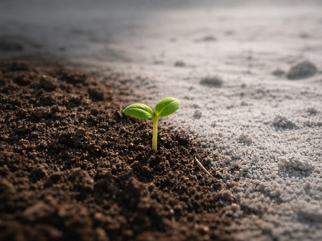 Close-up cotton seedling growing in soil beside a pale, dusty lunar-like surface