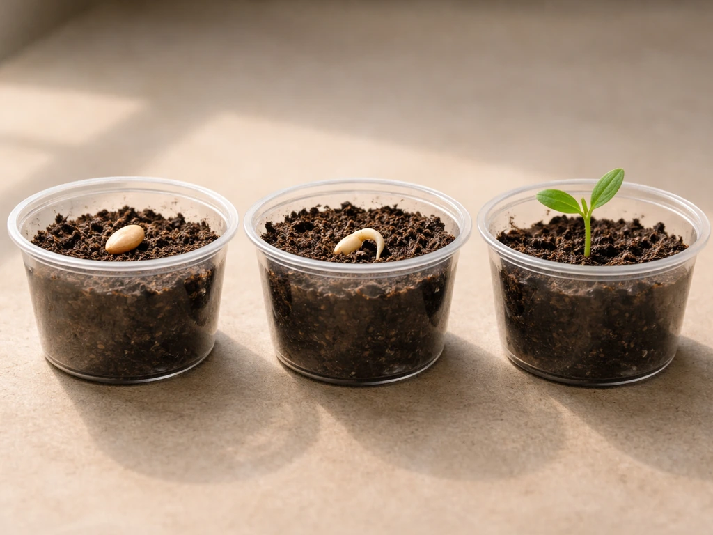 Split close-up photo showing a seed, germinated root, and a small sprout in separate containers.