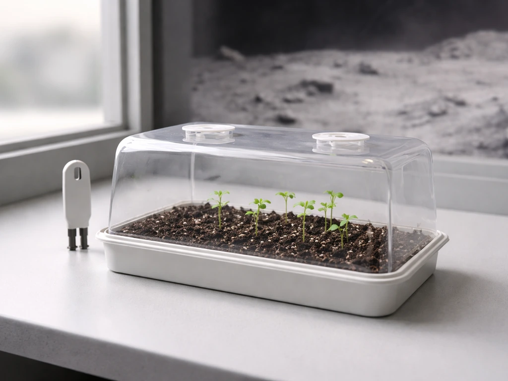 Minimal grow-chamber with young sprouts on a table, with a softly blurred dusty lunar backdrop.