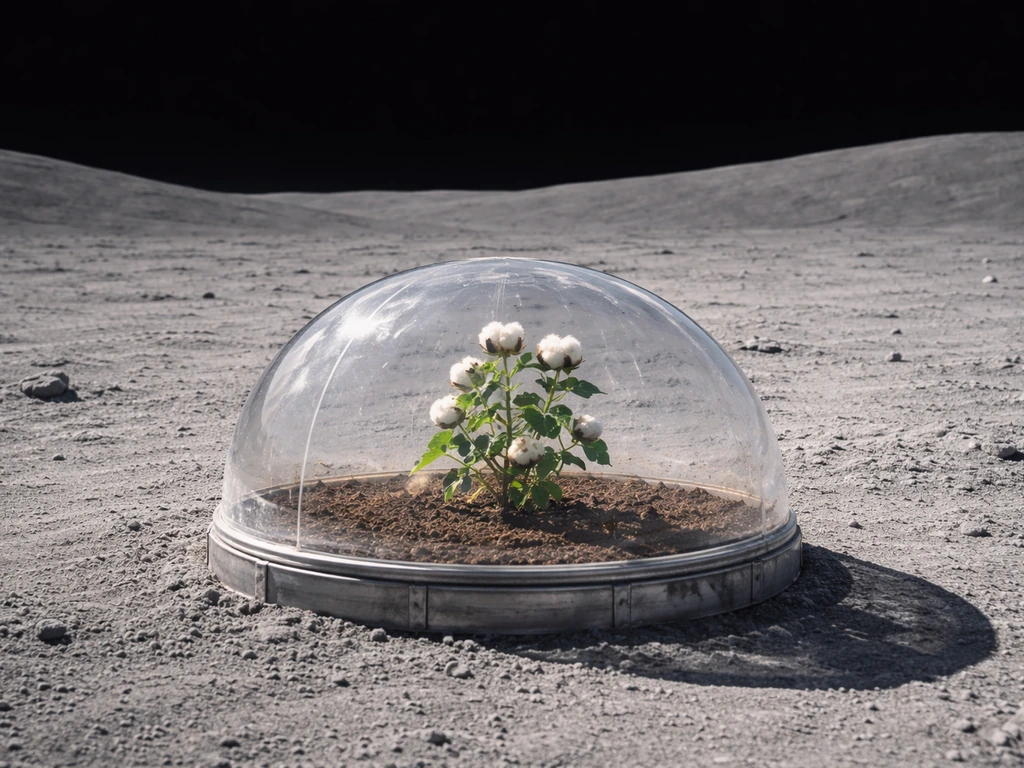 Warm sunlight on a stark Moon surface with a small sealed greenhouse dome and cotton plant inside