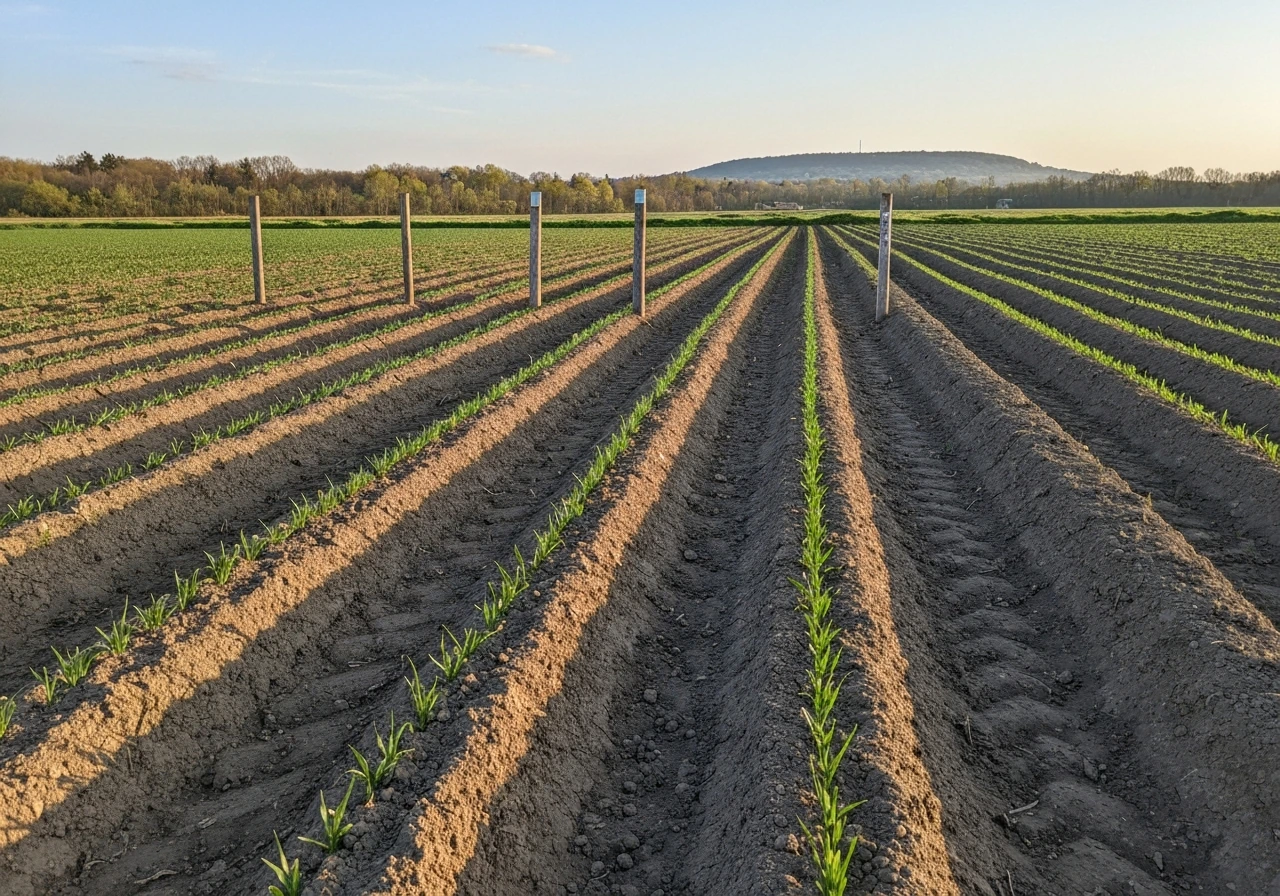 Cinematic wide view of medieval farmland with distinct crop rows under spring-to-summer light