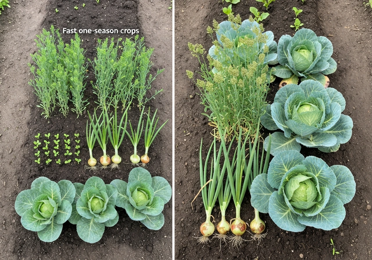 Split scene of flax, onion, and cabbage at sow stage beside harvest-ready crops in a simple garden bed.