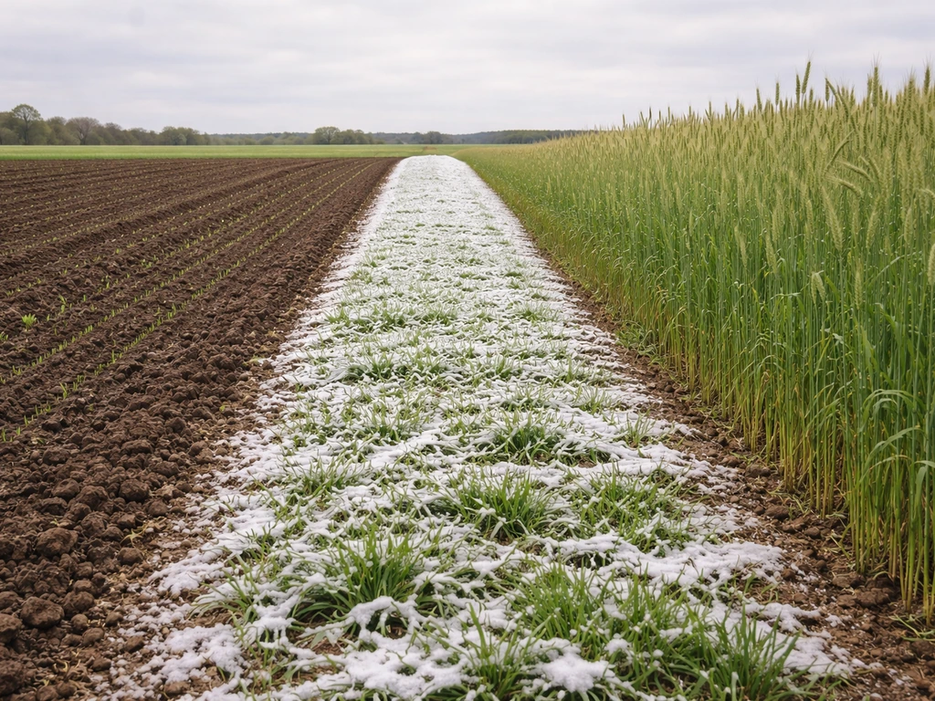 A minimal field view showing autumn sowing, snowy winter coverage, and spring/summer green rye in rows.