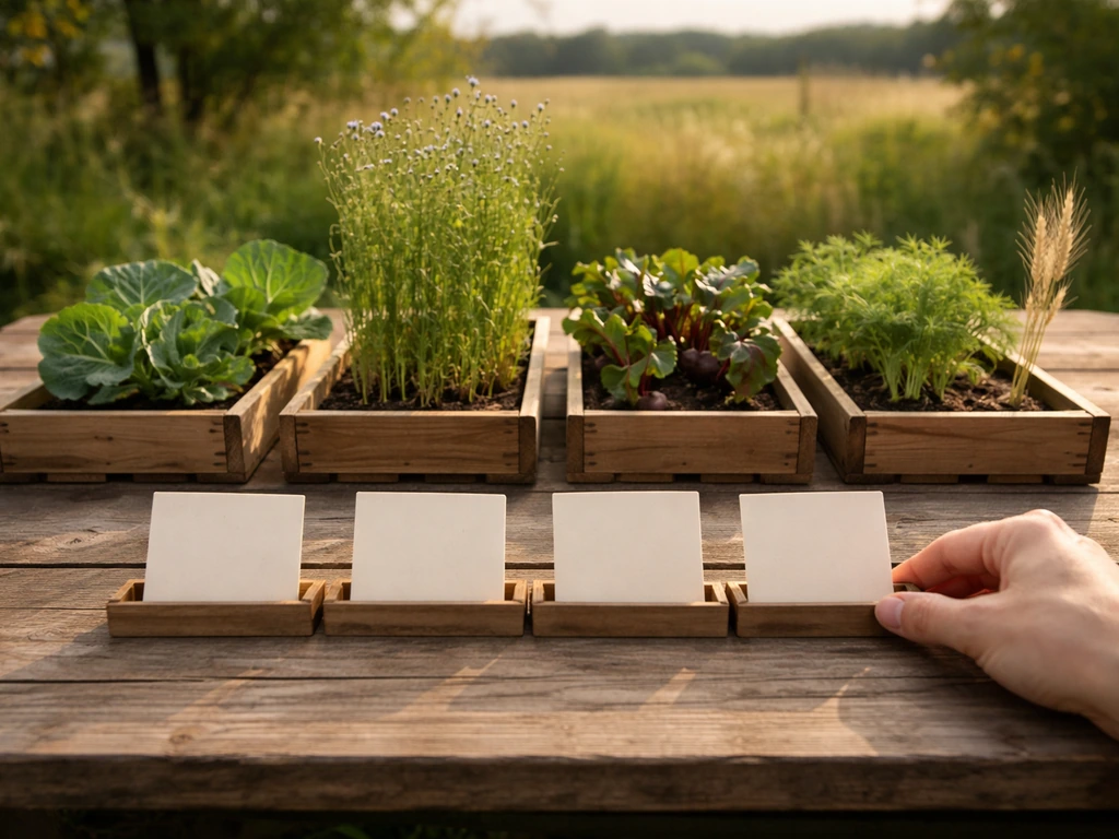 Minimal farm plot with four labeled crop beds and a hand arranging season cards