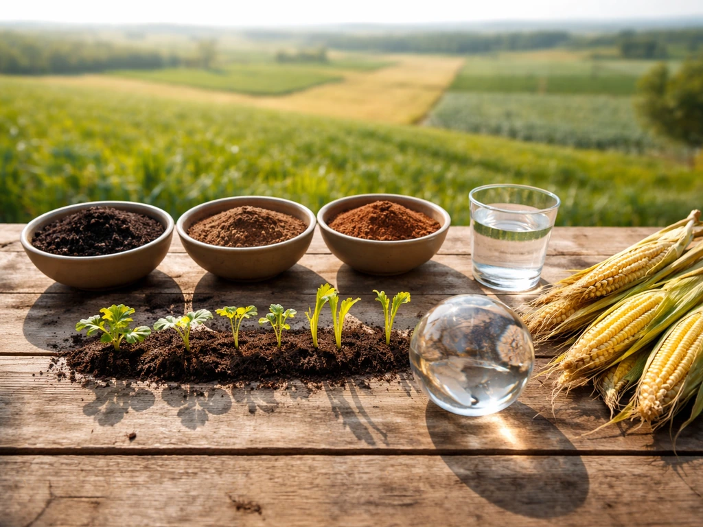 Minimal top-down table scene with soil samples, seedlings, water glass, and a glass globe suggesting global crop regions