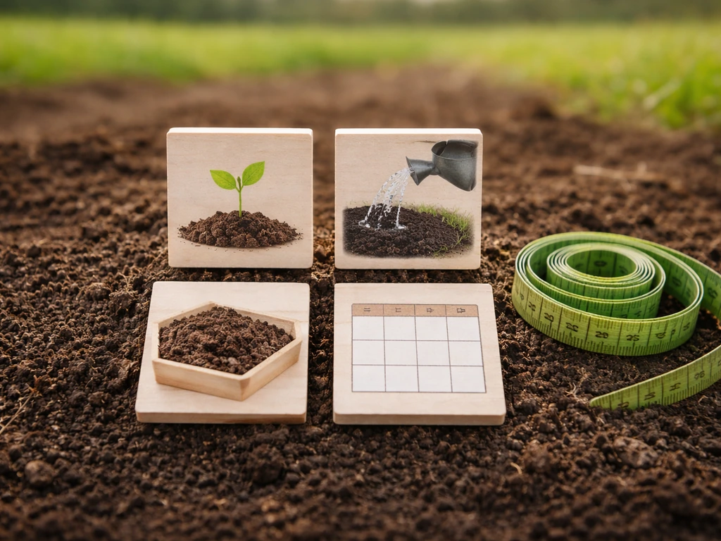 Four blank wooden tiles on soil showing seedling, water, soil texture, and season timing cues.