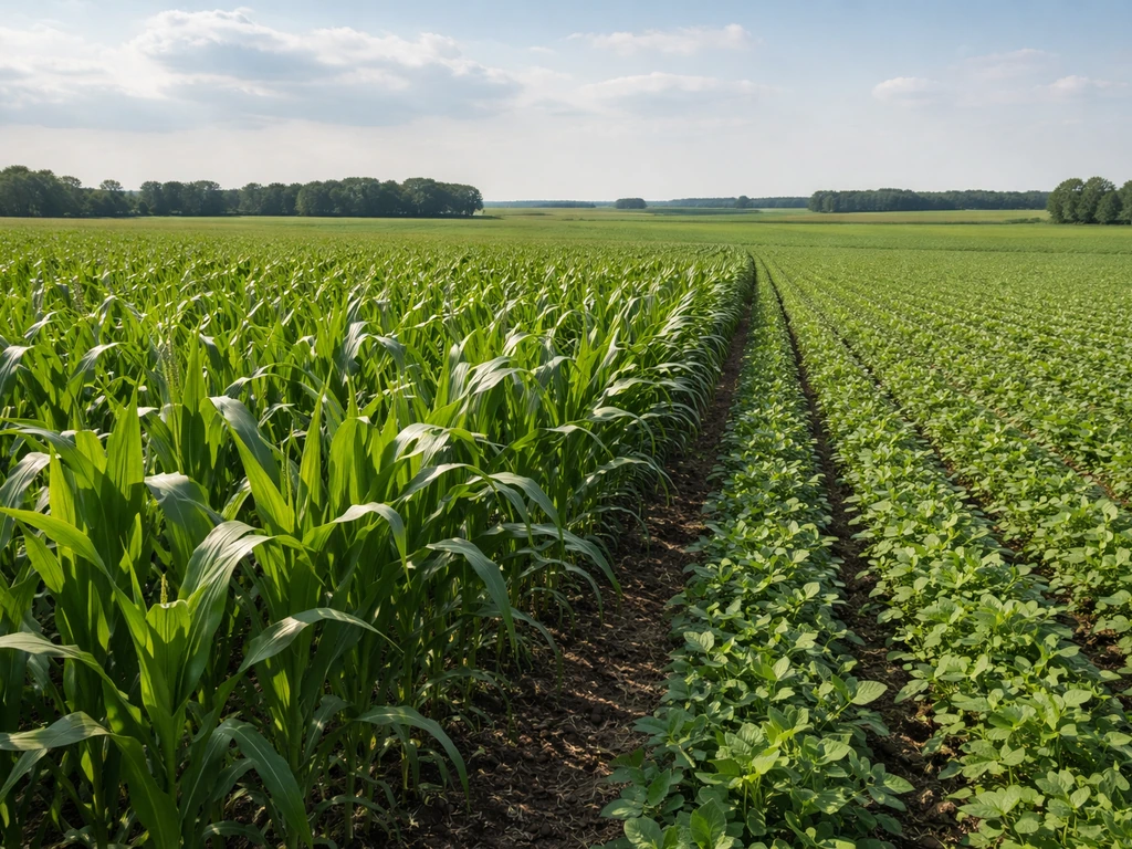 Lush corn and soy fields in the U.S. Corn Belt under a clear sky
