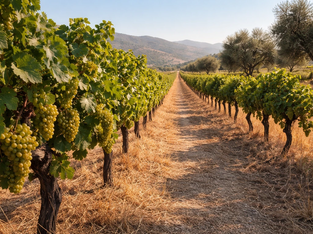 Sunlit vineyard with grapevines, dry grasses, and a few olive trees in a clear Mediterranean summer.