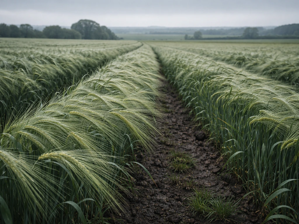 Barley field on a cool coastal plain with an early-season sky, wind-bent plants and visible soil rows